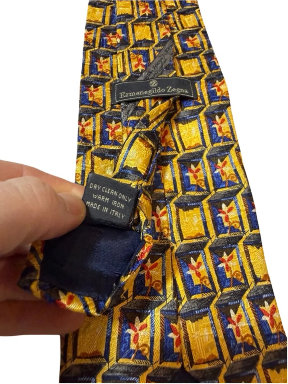 Ermenegildo Zegna Silk Tie Gold Blue Geometric Novelty Print Made Italy